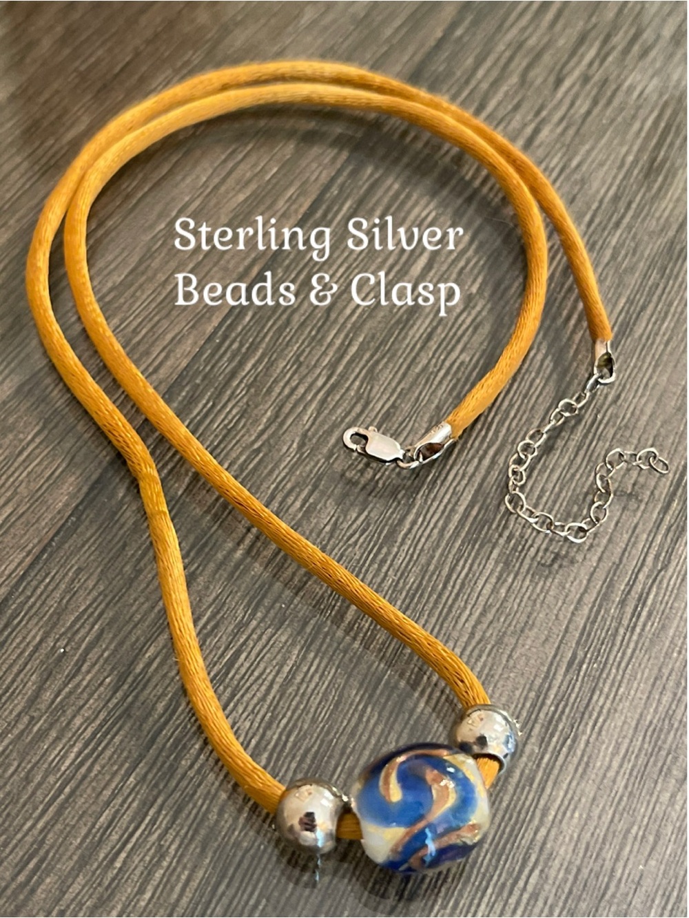 Vintage Satin Corded Necklace with Sterling & Murano Glass Beads